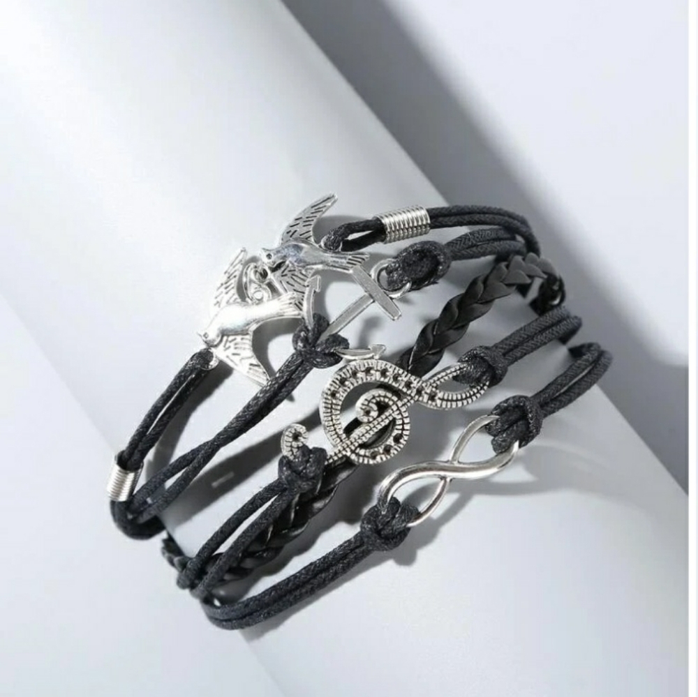 Bird anchor treble clef staff infinity linked bracelet 5 pc set
